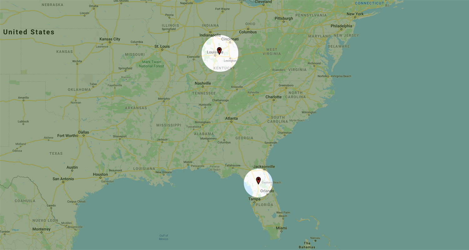 Map of the eastern United States with two office locations highlighted, one in Simpsonville KY and the other in Ocala FL